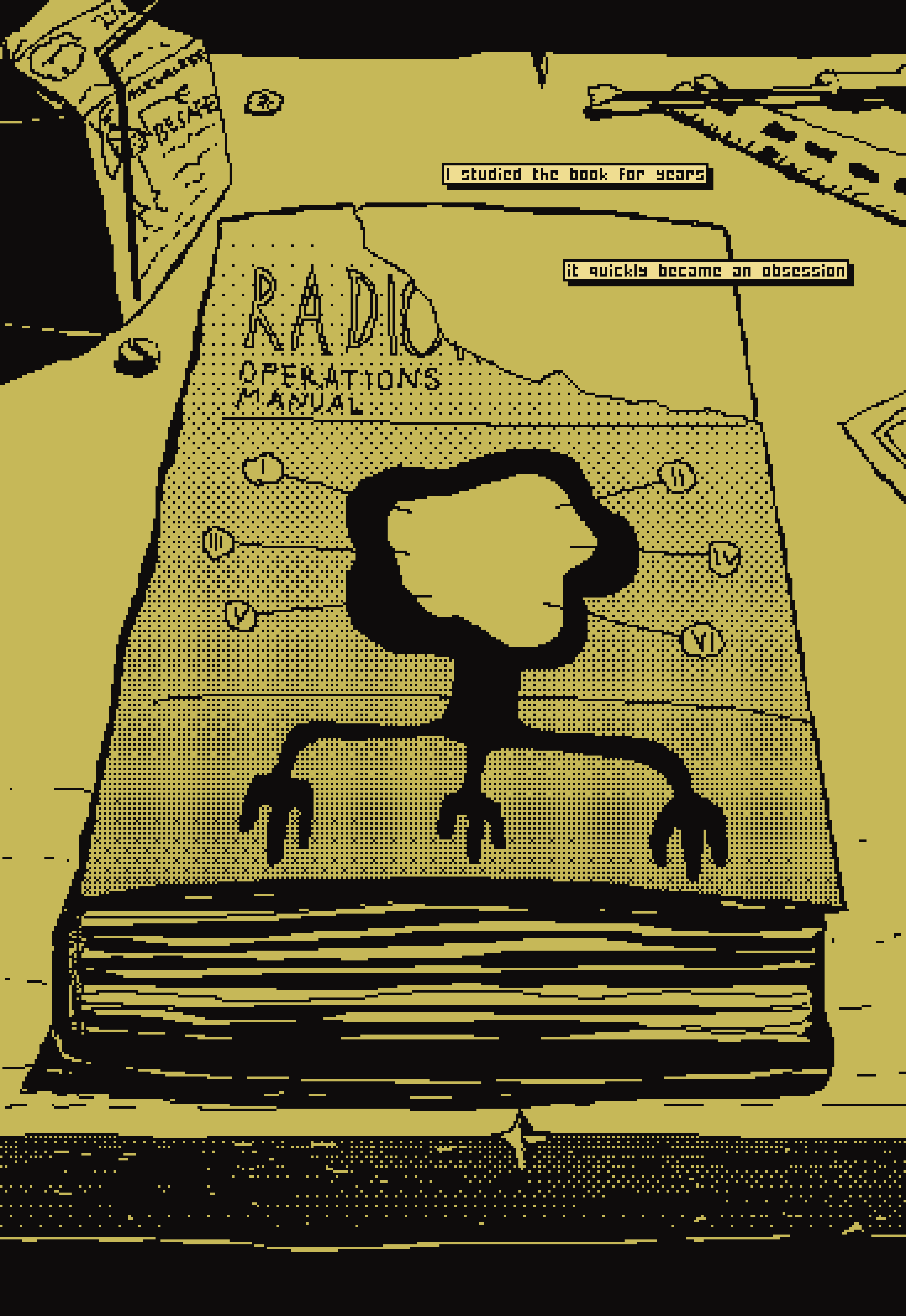 a cursed book, on a table, text: "I studied the book for years. It quickly became an obsession."