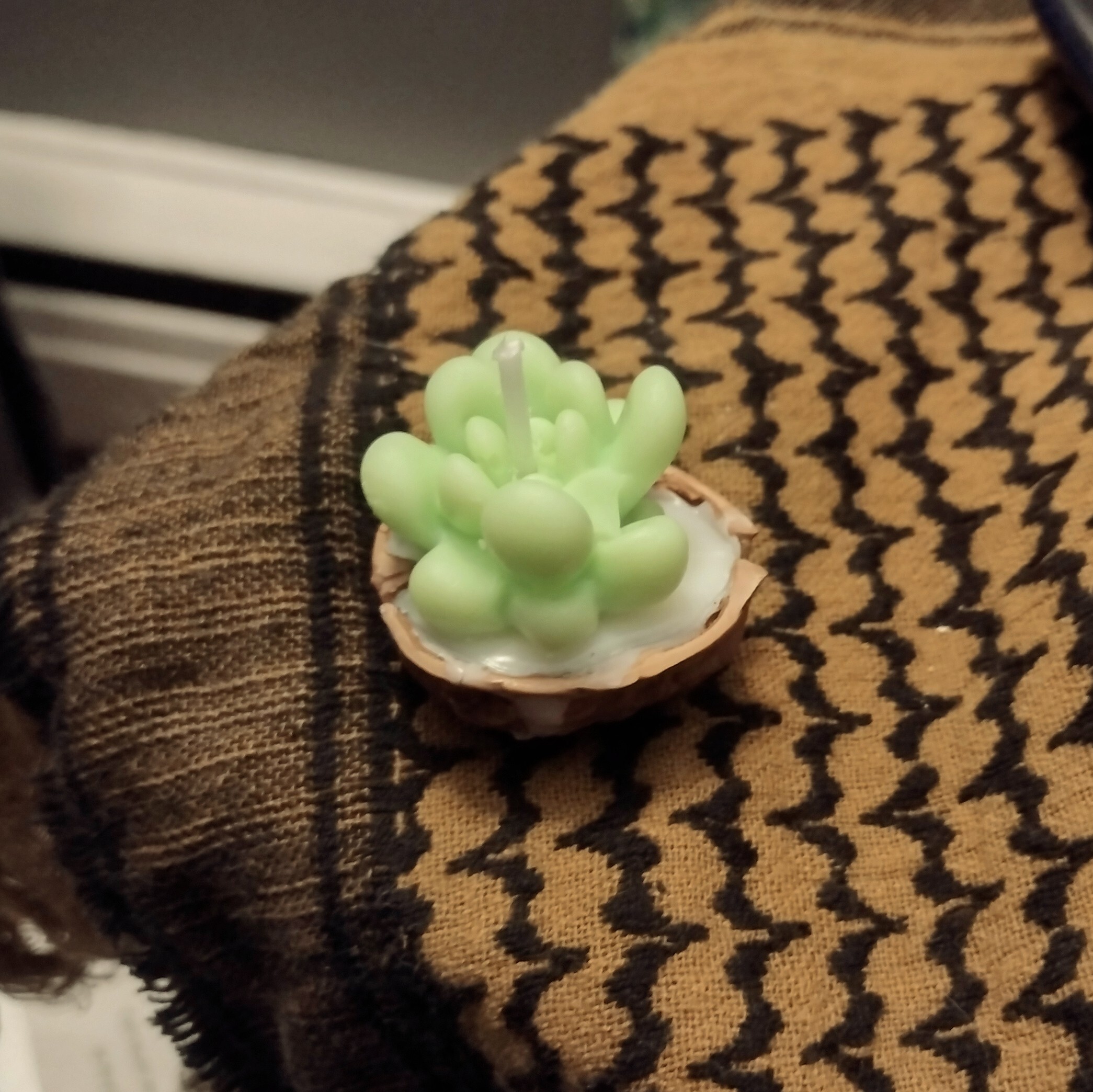 A candle shaped like a small succulent plant in half a walnut shell, sitting on the corner of a black and yellow tablecloth.