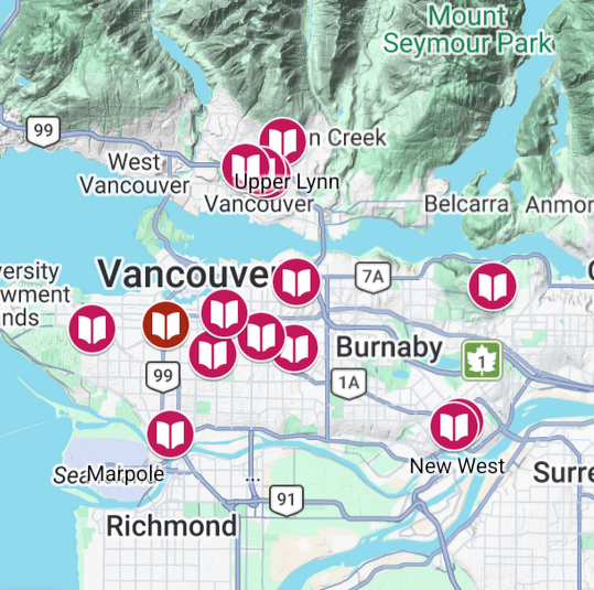 A screenshot of a map of Vancouver, Canada, featuring about a dozen locations where there are Free Fibre Libraries.