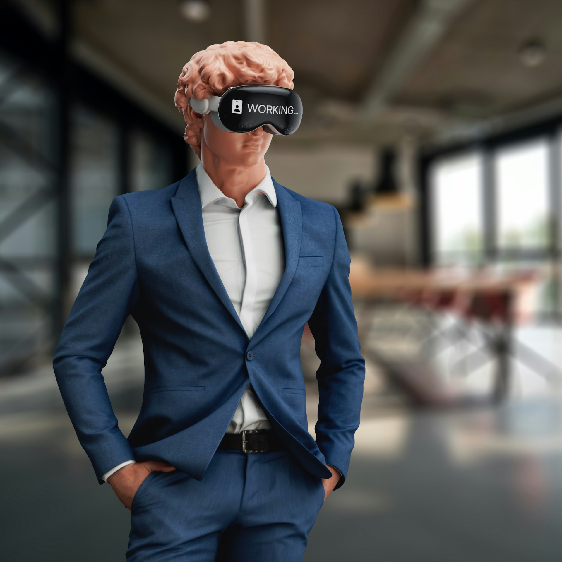 Michelangelo's David with Apple Vision Pro headset in a working mode wearing casual suit
