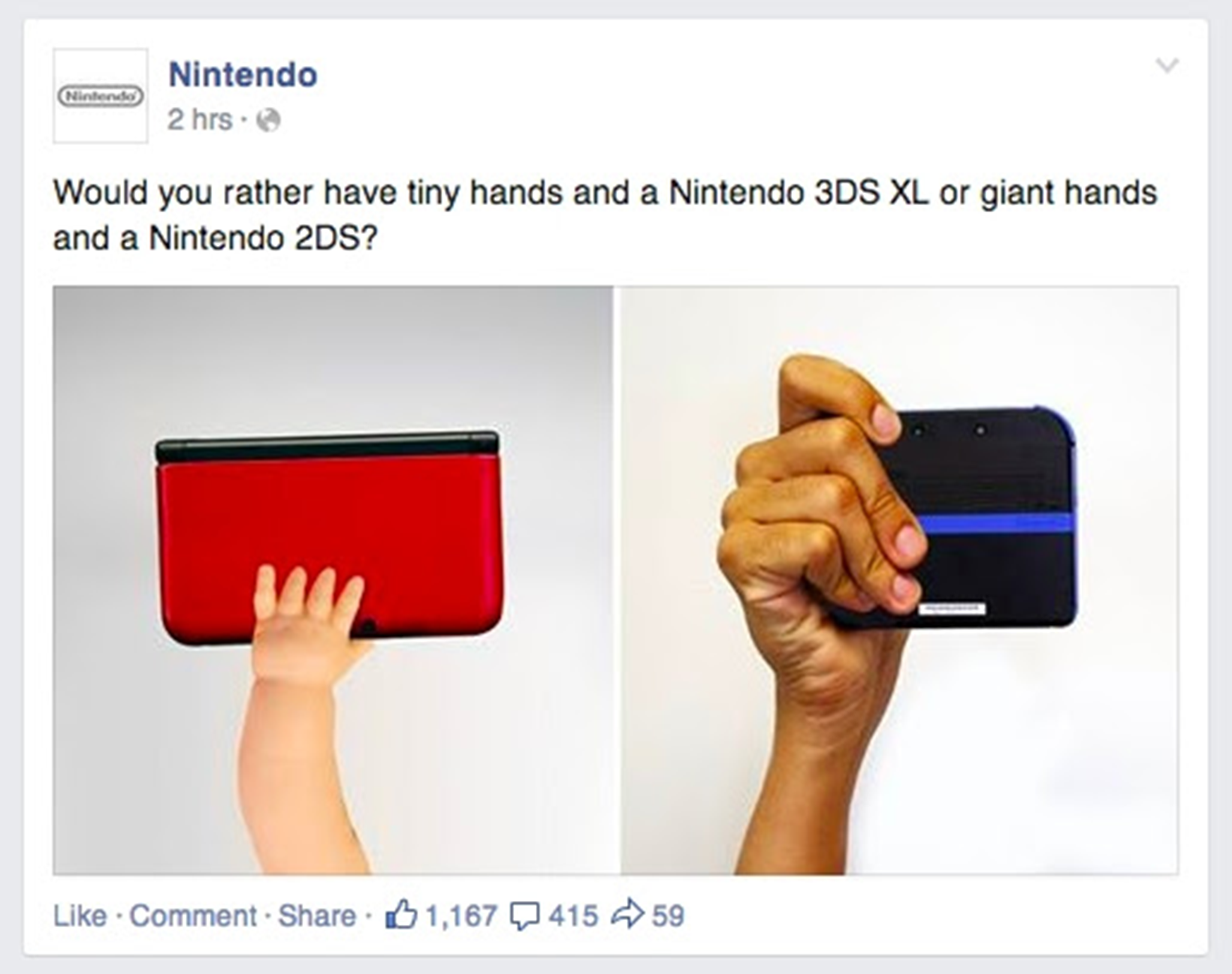 An official Nintendo Facebook post from years back, asking, "Would you rather have tiny hands and a Nintendo 3DS XL, or giant hands and a Nintendo 2DS?"