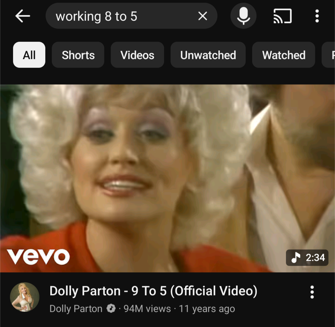 Dolly Parton YouTube video 9 to 5 with the search on YouTube 8 to 5