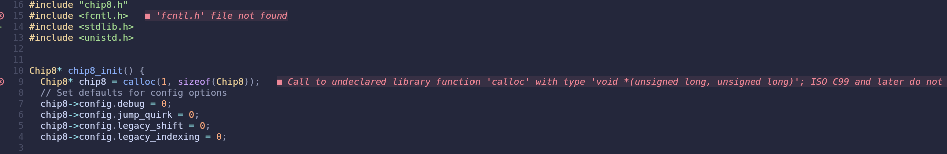 screenshot showing 'file not found' error on '#include <fcntl.h>'