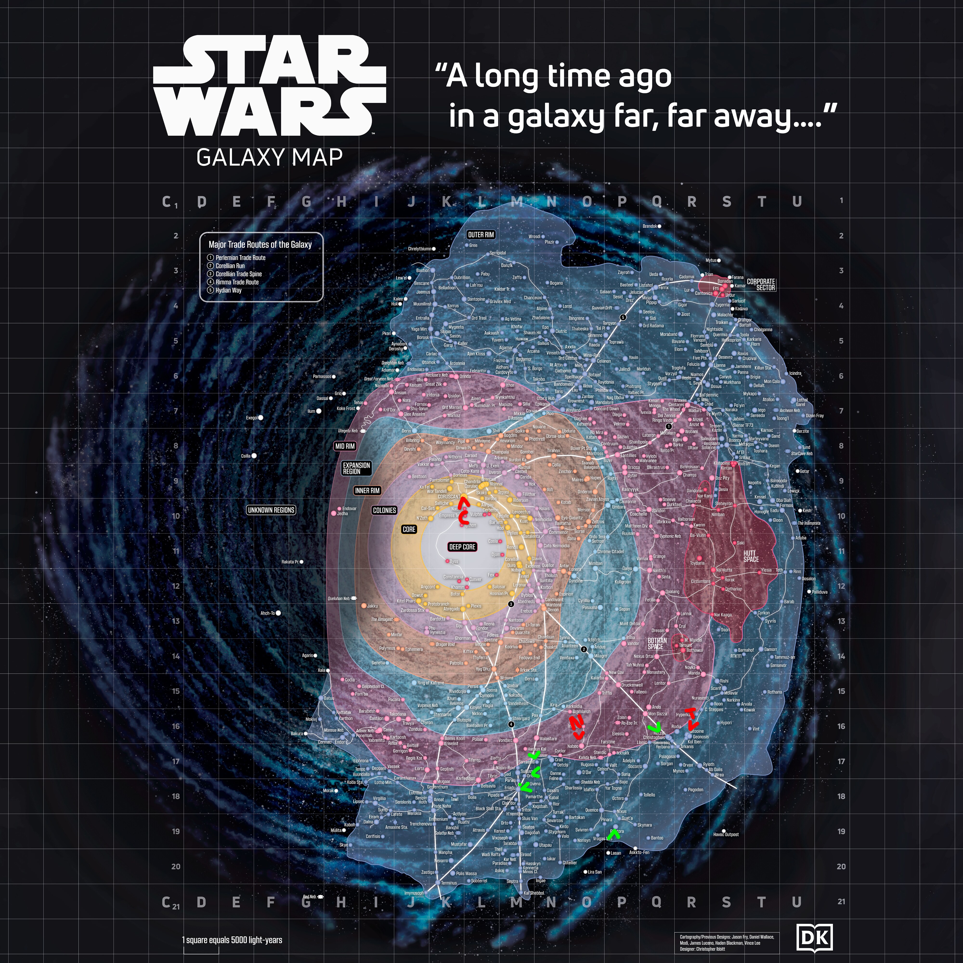 map of the star wars galaxy, with coruscant, tatooine an naboo all marked in red, with green marking several alternatives to tatooine.