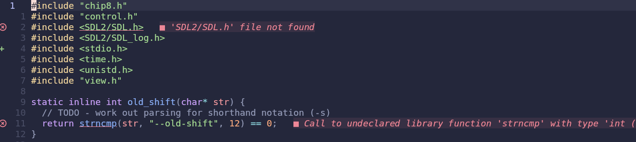 screenshot showing 'file not found' error on '#include <SDL2/SDL2.h>'