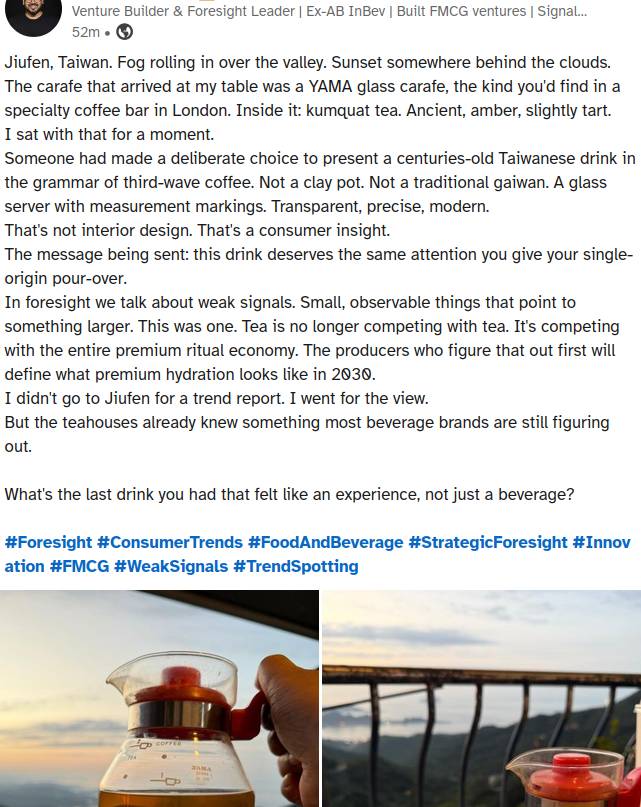 LinkedIn post overhyping a pot of tea calling it "premium hydration".