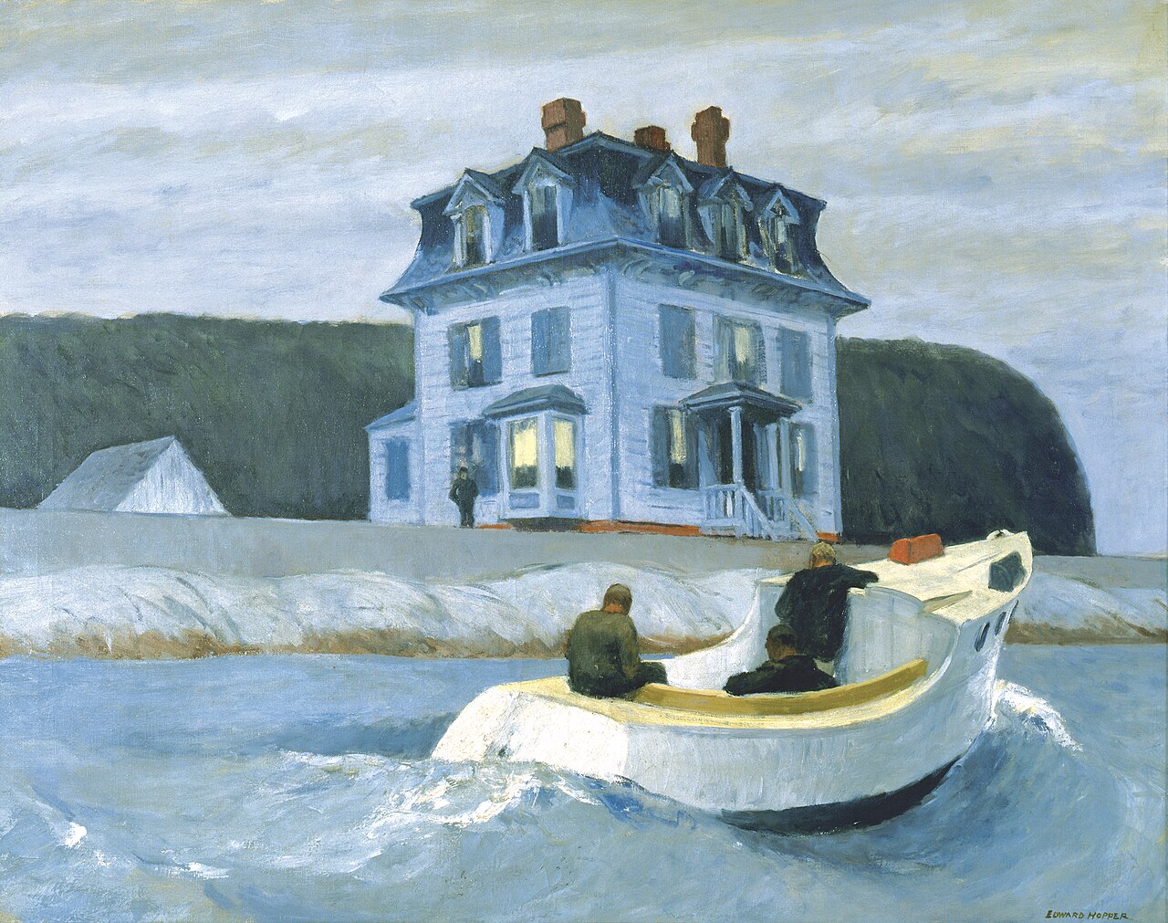 Edward Hopper’s The Bootleggers depicts a stark coastal scene at dusk, with a white Victorian house standing isolated against a darkening sky. Three figures sit in a small boat in the foreground, suggesting secrecy or illicit activity. Cool colors and faint light from the house create a quiet, tense, somber mood.
