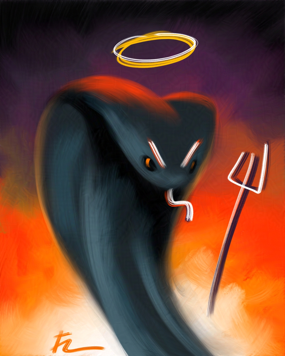 Digital painting of a king cobra in front of a flaming night sky. A halo, pitchfork, evil eyebrows and hissing tongue are drawn on top of it.