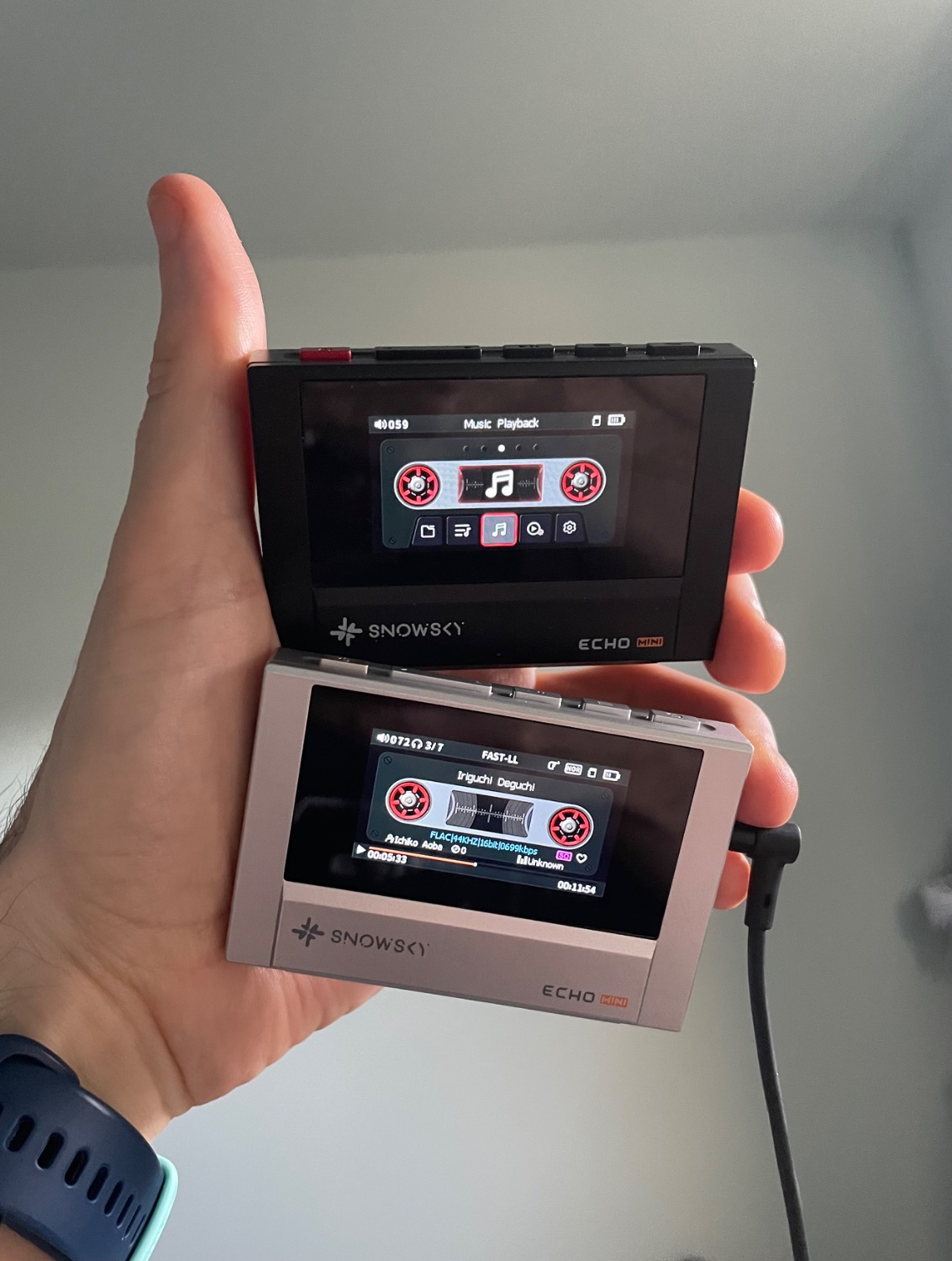 Two music players. One is silver and the other is black. They are both the same model, the Echo Mini. 
