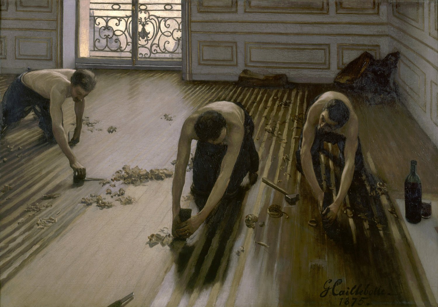 Gustave Caillebotte, The Floor Scrapers: Three shirtless workers kneel and scrape a wooden floor inside a Parisian apartment, their tools and muscular backs highlighted by light from the windows.