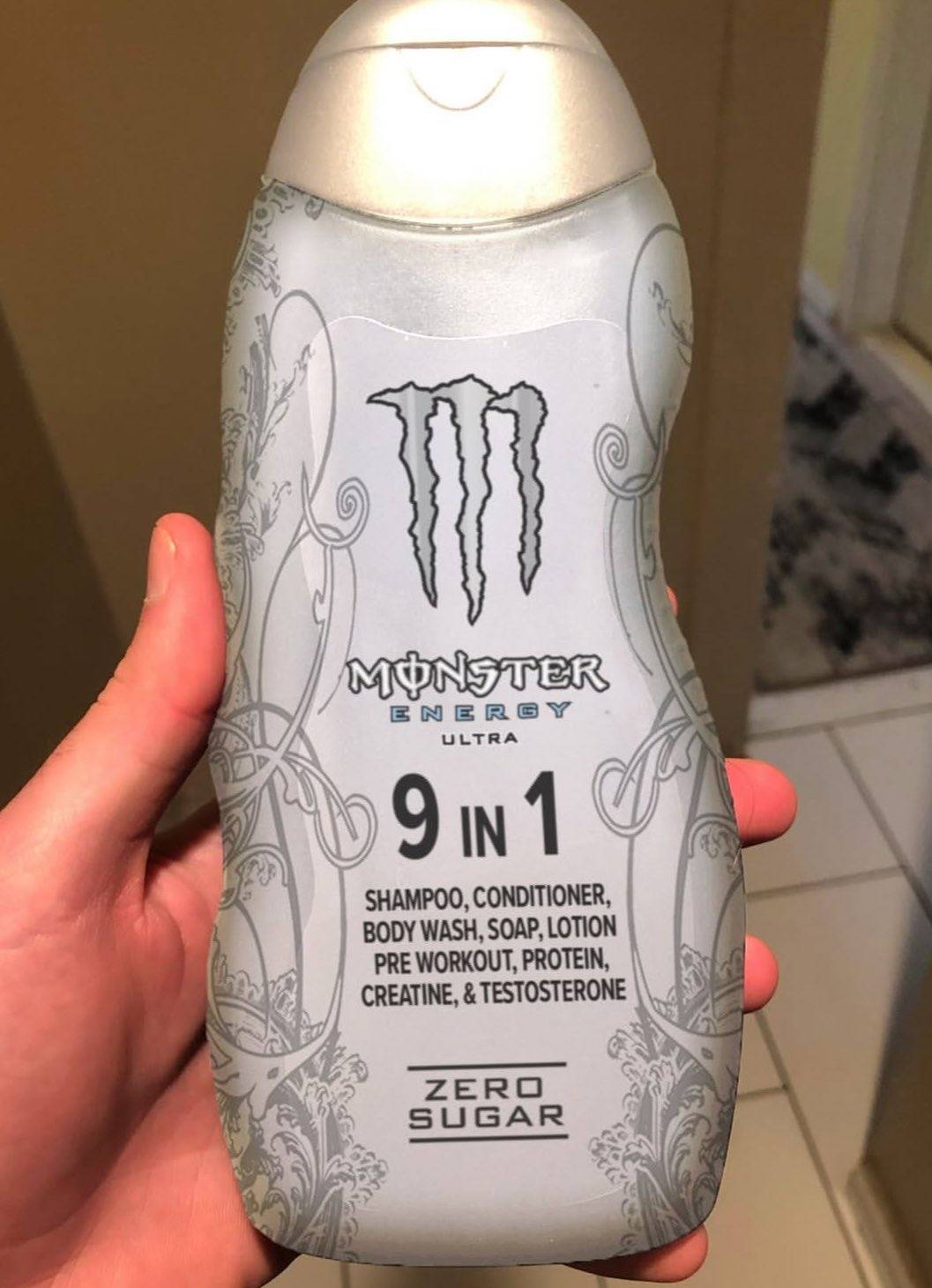 Monster Energy 9 in 1 Shampoo, Conditioner, Body Wash, Soap, Lotion, Pre Workout, Protein, Creatine, and Testosterone