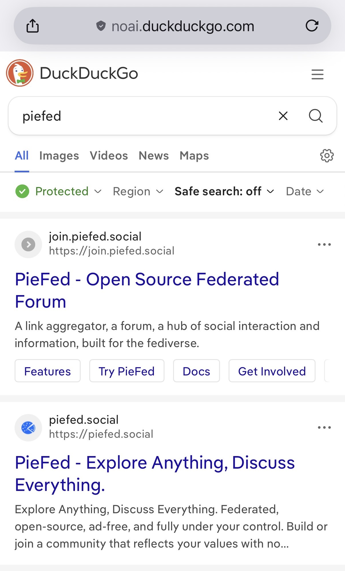Results using noai.DuckDuckGo.com