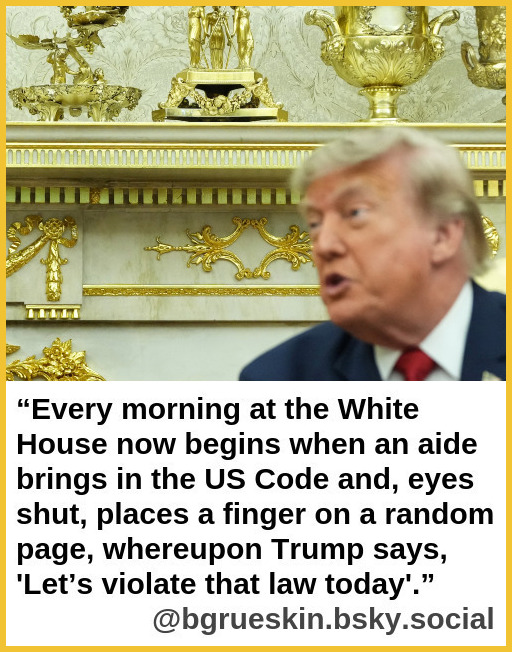“Every morning at the White House now begins when an aide brings in the US Code and, eyes shut, places a finger on a random page, whereupon Trump says, 'Let’s violate that law today'.”