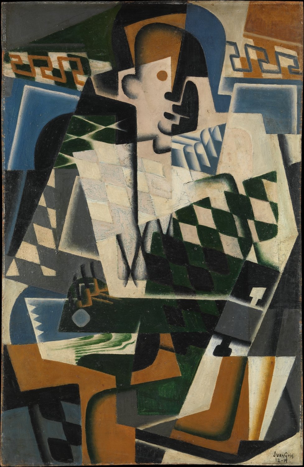 Juan Gris’s cubist painting Harlequin with a Guitar, depicting a fragmented harlequin figure beside a guitar in muted brown, gray, and blue tones.