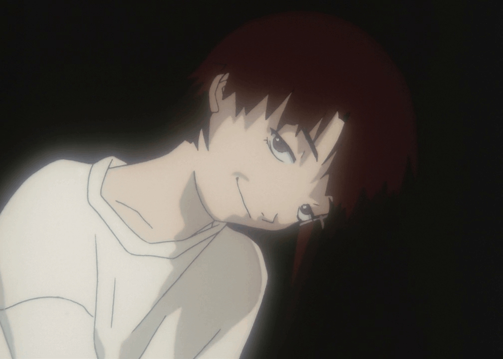 Lain leaning her head to side and smirking in a scary kind of way.