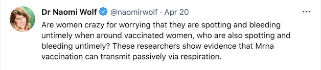 Are women crazy for worrying that they are spotting and bleeding untimely when around vaccinated women, who are also spotting and bleeding untimely? These researchers show evidence that Mrna vaccination can transmit passively via respiration.