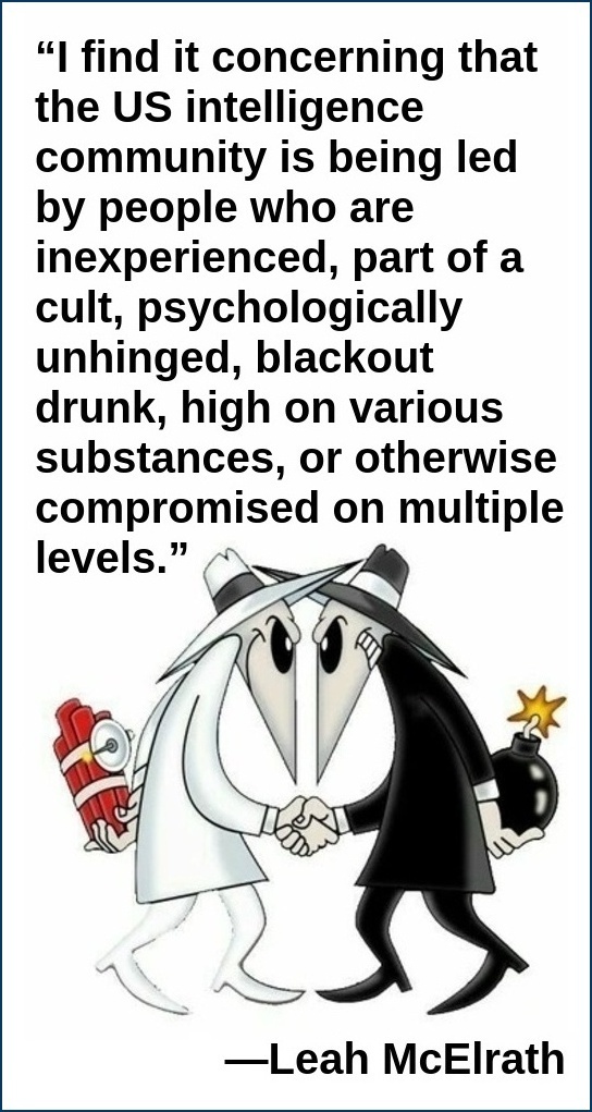 “I find it concerning that the US intelligence community is being led by people who are inexperienced, part of a cult, psychologically unhinged, blackout drunk, high on various substances, or otherwise compromised on multiple levels.”