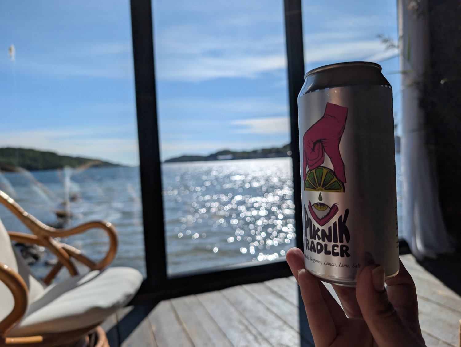 A hand holding a can with artwork depicting a pink cartoon hand squeezing a drop of lime juice into an upturned eye. Unfocused in the background is a windowed view of a fjord flanked by low forested hills.