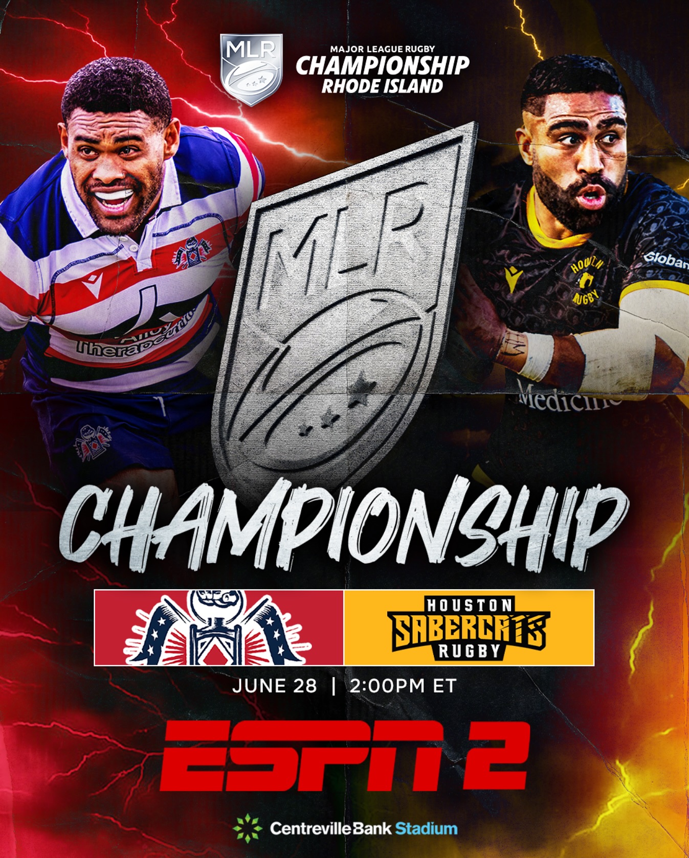 A poster with stylized lighting background, red on the left and yellow on the right. At the top are Paula Balekana from the New England Free Jacks on the left, the MLR Shield in the middle, and Tautalatasi Tasi from the Houston SaberCats on the right. Underneath them is text with the match location, date, time, and viewing info that is all provided as text in the post body.