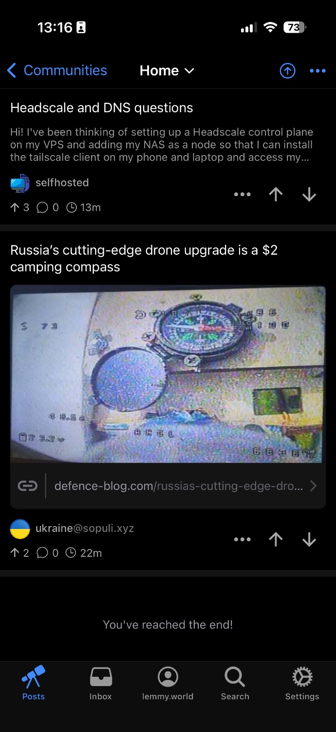 Screenshot of the home page in the Voyager app for iOS, the feed only shows two posts and the text “ You've reached the end!”