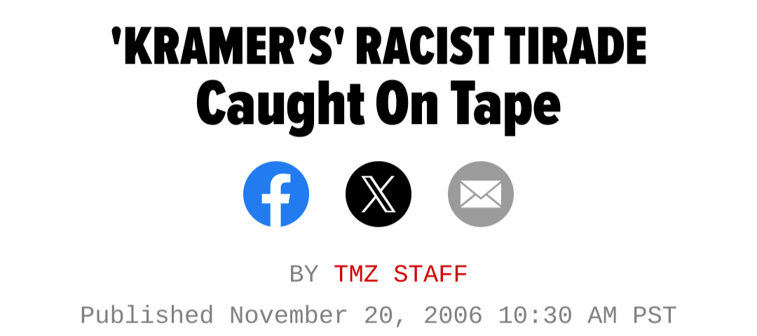 Screen shot of headline: Kramer's racist tirade caught on tape. Published November 20, 2006.