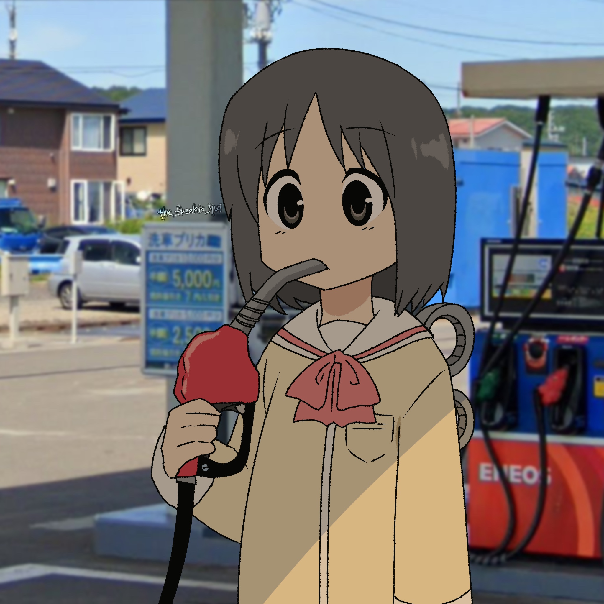 Nano from Nichijou drinking gasoline