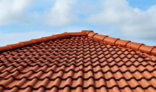 Dach aus roten Dachpfannen vor blauem Himmel