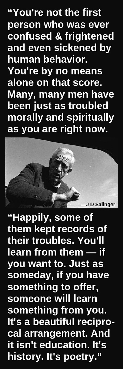 “You're not the first person who was ever confused and frightened and even sickened by human behavior. You're by no means alone on that score. Many, many men have been just as troubled morally and spiritually as you are right now. Happily, some of them kept records of their troubles. You'll learn from them—if you want to. Just as someday, if you have something to offer, someone will learn something from you. It's a beautiful reciprocal arrangement. And it isn't education. It's history. It's poetry.” —JD Salinger