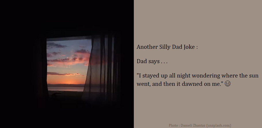 Dad Joke : Dad says . . . "I stayed up all night wondering where the sun went, and then it dawned on me." 