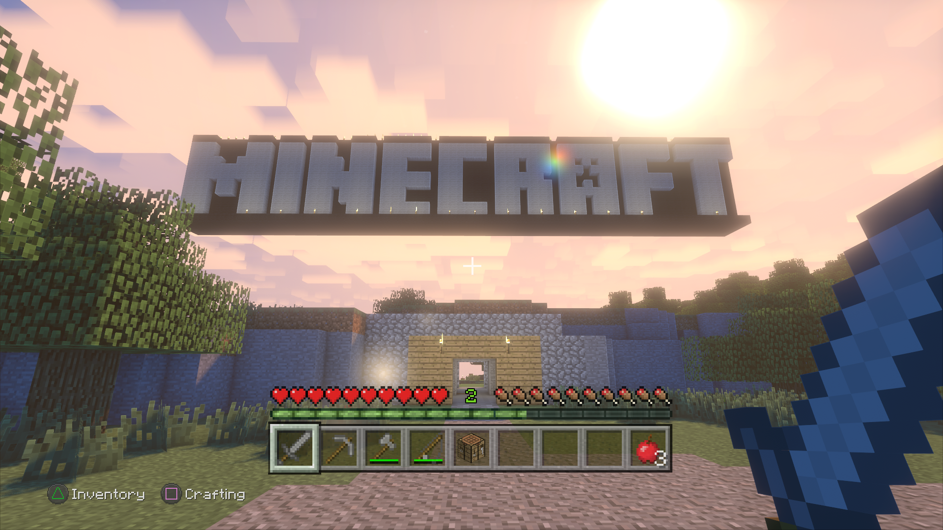 Minecraft: Legacy Console Edition's TU1 Tutorial world, looking at the giant MINECRAFT sign, with the Super Duper Vanilla shaderpack enabled.