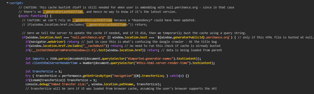A screenshot that shows Perchance's internal scripts using the parameter and parameter along with some other logic.