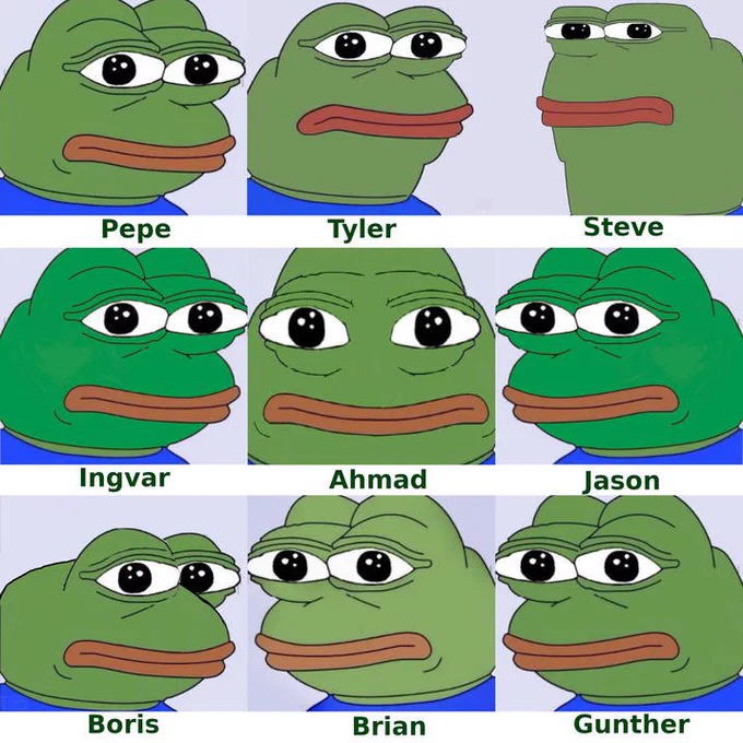9 Pepe-Frogs in a 3x3 grid with "slight" variation