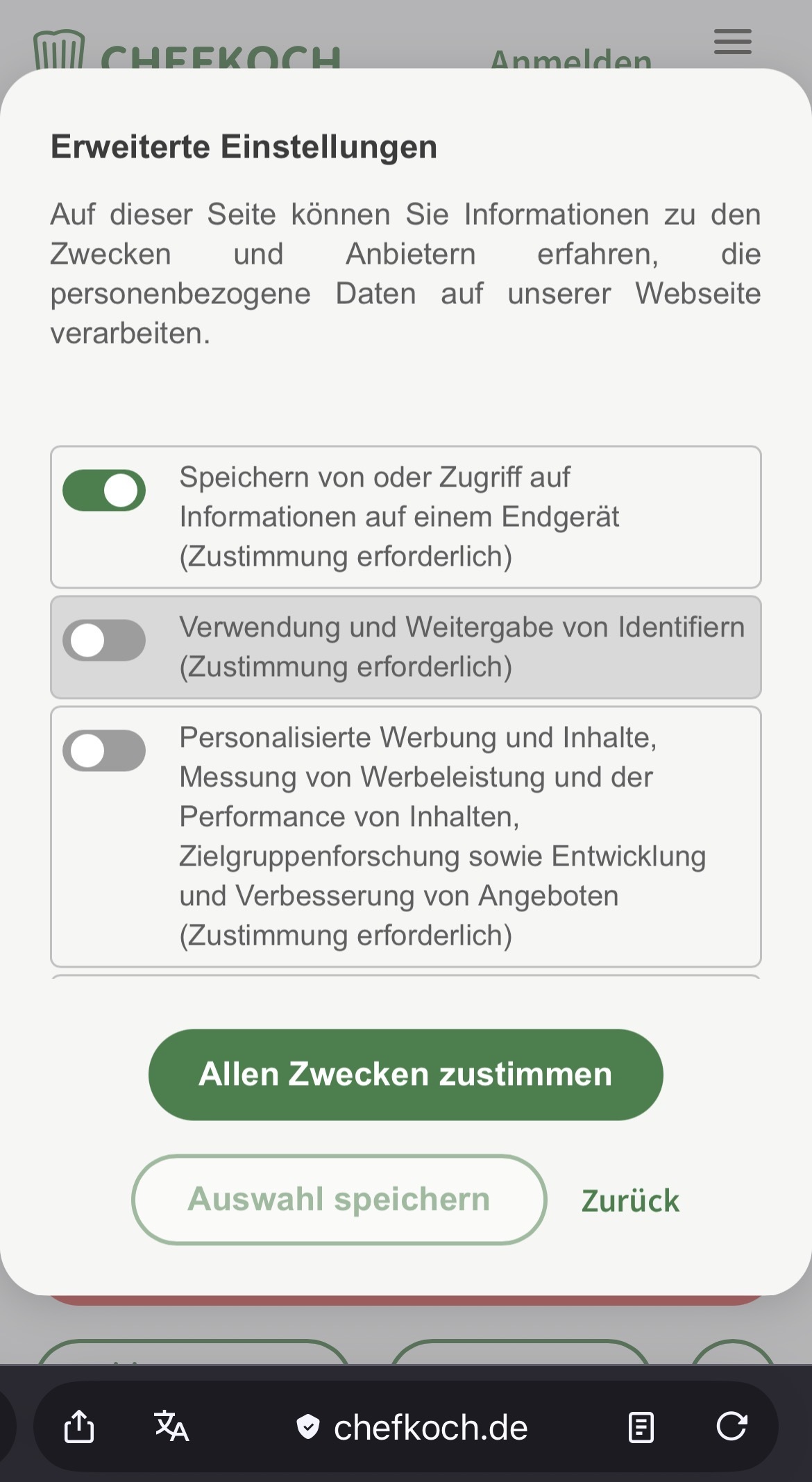 Chefkoch Cookie Banner, hinter Werbung und Tracking ID Weitergabe steht „Zustimmung erforderlich“