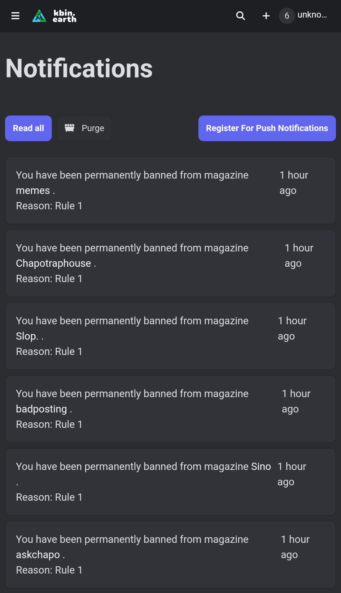 Screenshot of a list of notifications showing the user was banned from 6 different hexbear communities