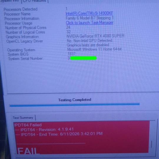 intel processor diagnostics tool screenshot indicating core i9-14900kf failed.