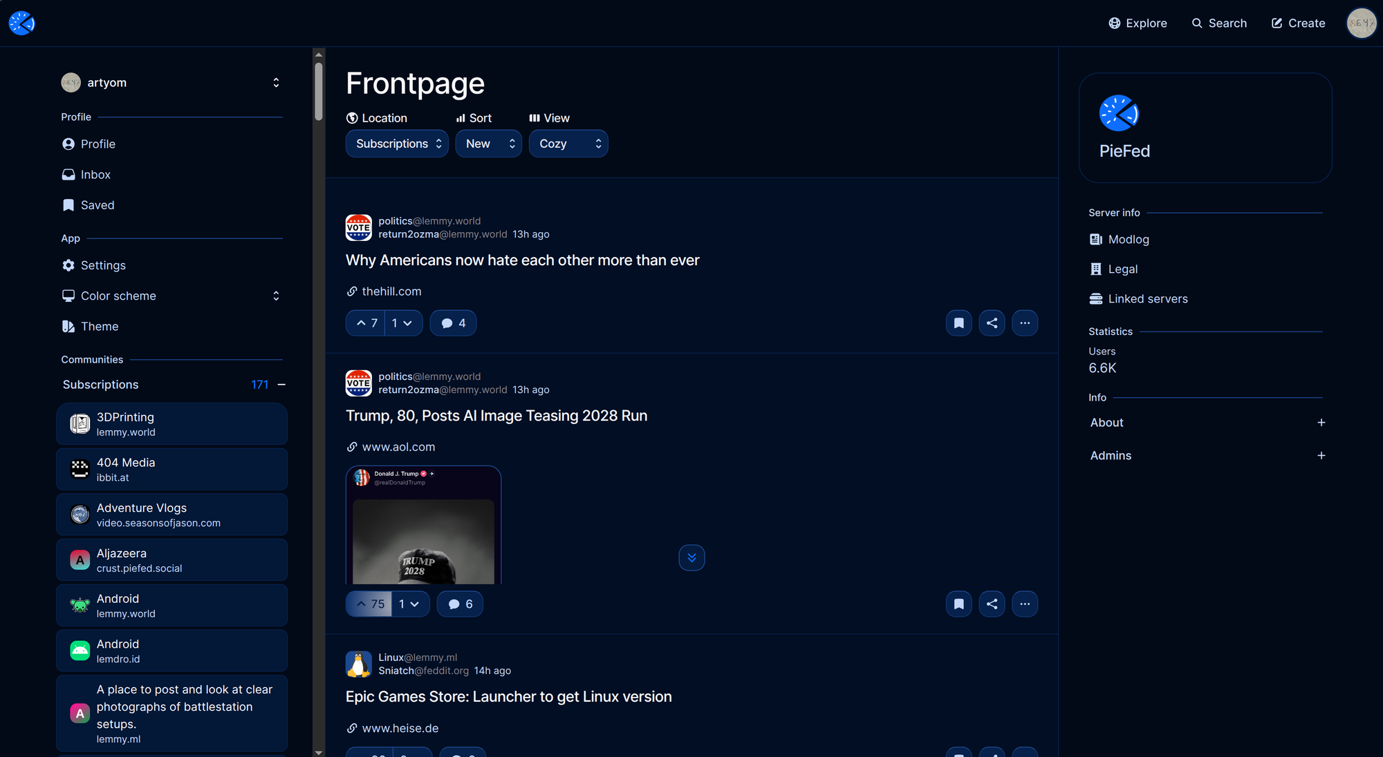 screencap of Photon homepage with Piefed Dark Blue theme applied