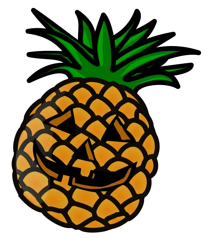 A pineapple with a smiling face carved into it like a jack o' lantern Halloween decoration