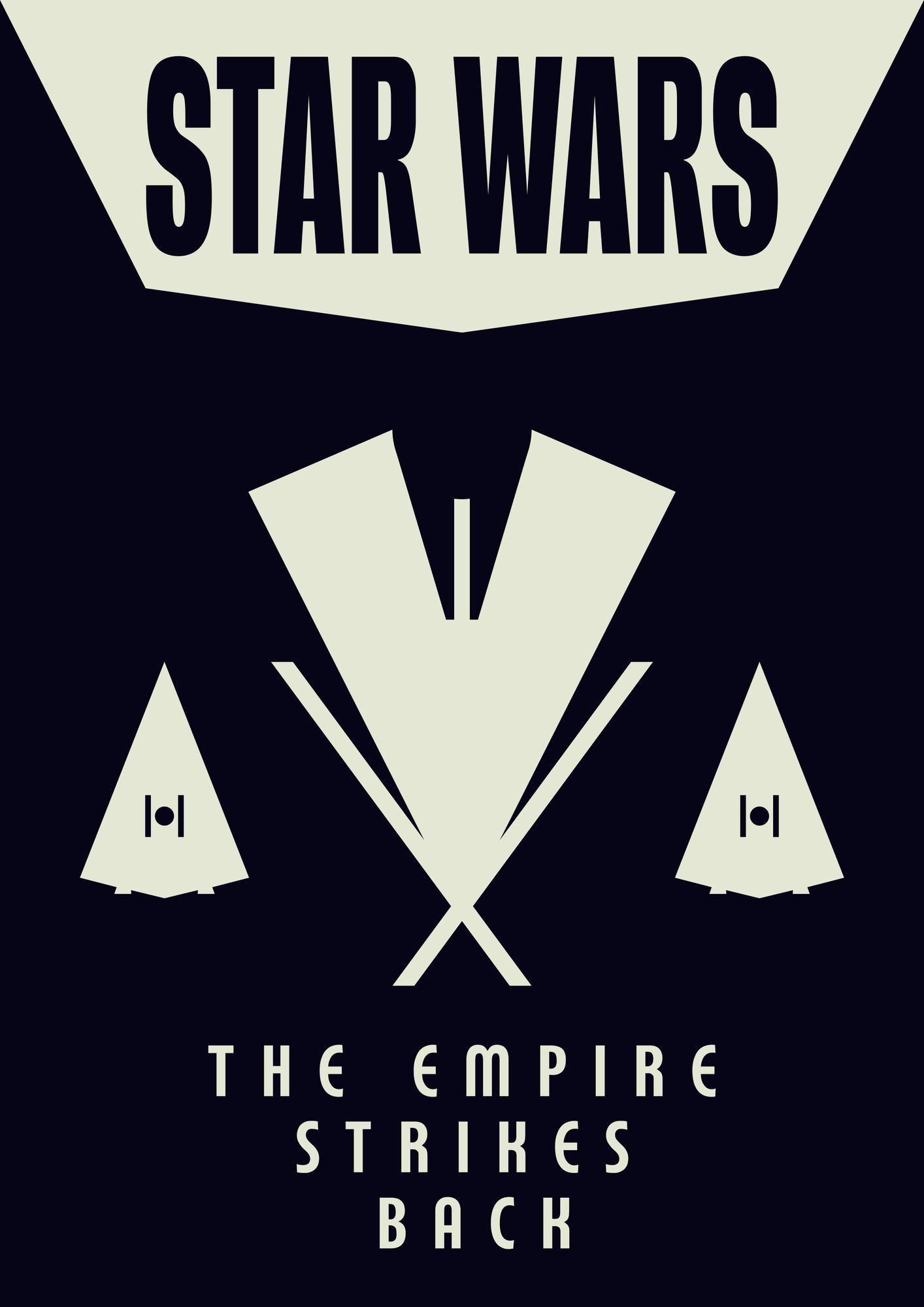 A minimalist poster, the Star Wars title is in bold text at the top, behind it a silhouette of a star destroyer with a shadow of a stormtrooper helmet, below all, two lightsabers striking together with the text: THE EMPIRE STRIKES BACK.