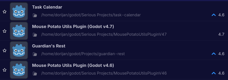 A partial screenshot of the Godot 4.7 dev 5 editor, with projects made in earlier versions having an "up" arrow next to their version.