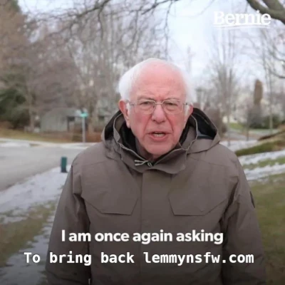 Bernie Sanders meme. He's standing outside in a jacket, facing the camera. Text: "I am once again asking to bring back lemmynsfw.com