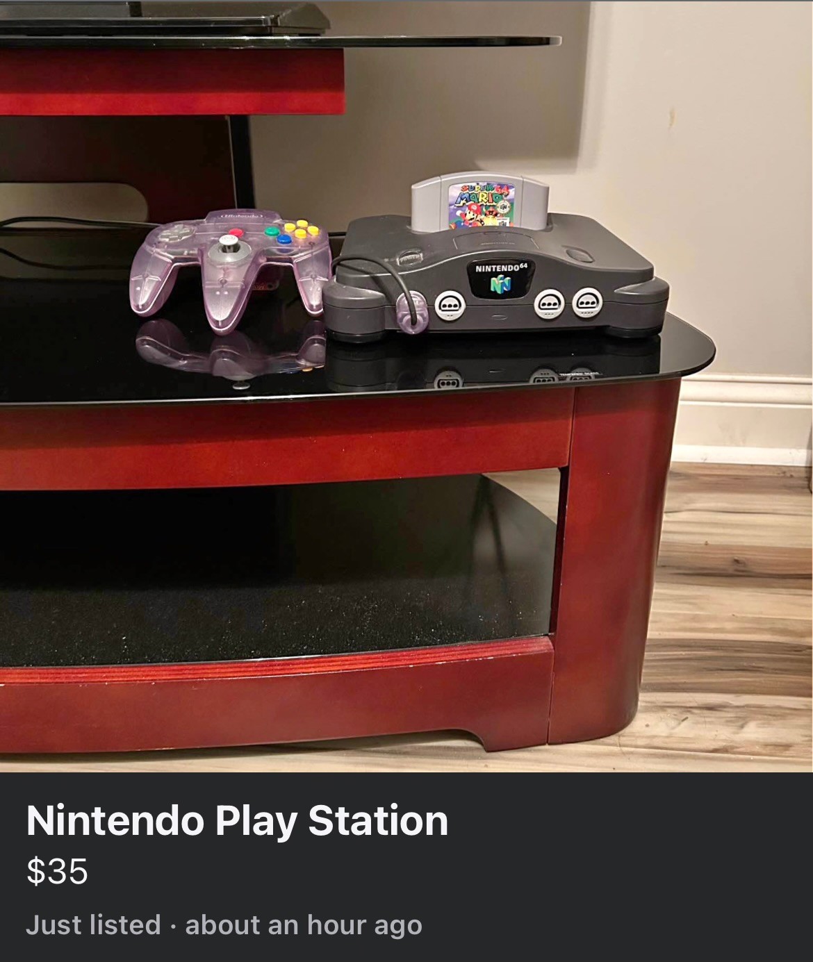 A Facebook Marketplace listing for a “Nintendo Play Station”. The photo shows a Nintendo 64 with a game inserted and a controller to the left of the console. The seller has listed it for $35.