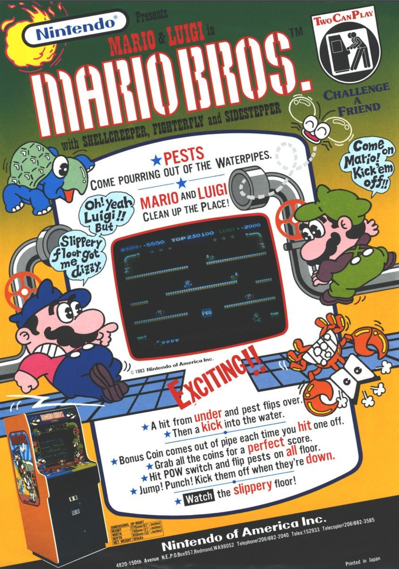 Ad shows the 1983 arcade machine with the header text, "Mario Bros. with Shellcreeper, Fighterfly and Sidestepper"