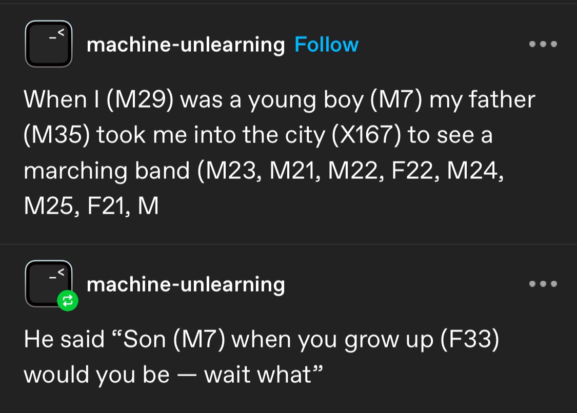 A tumblr post by @machine-unlearning, saying:   When I (M29) was a young boy (M7) my father (M35) took me into the city (X167) to see a marching band (M23, M21, M22, F22, M24, M25, F21, M  He said "Son (M7) when you grow up (F33) would you be — wait what"