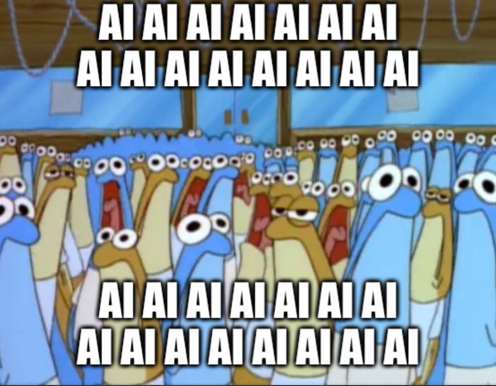 SpongeBob scene with tons of minnows filling the Krusty Krab with top and bottom text repeating AI AI AI