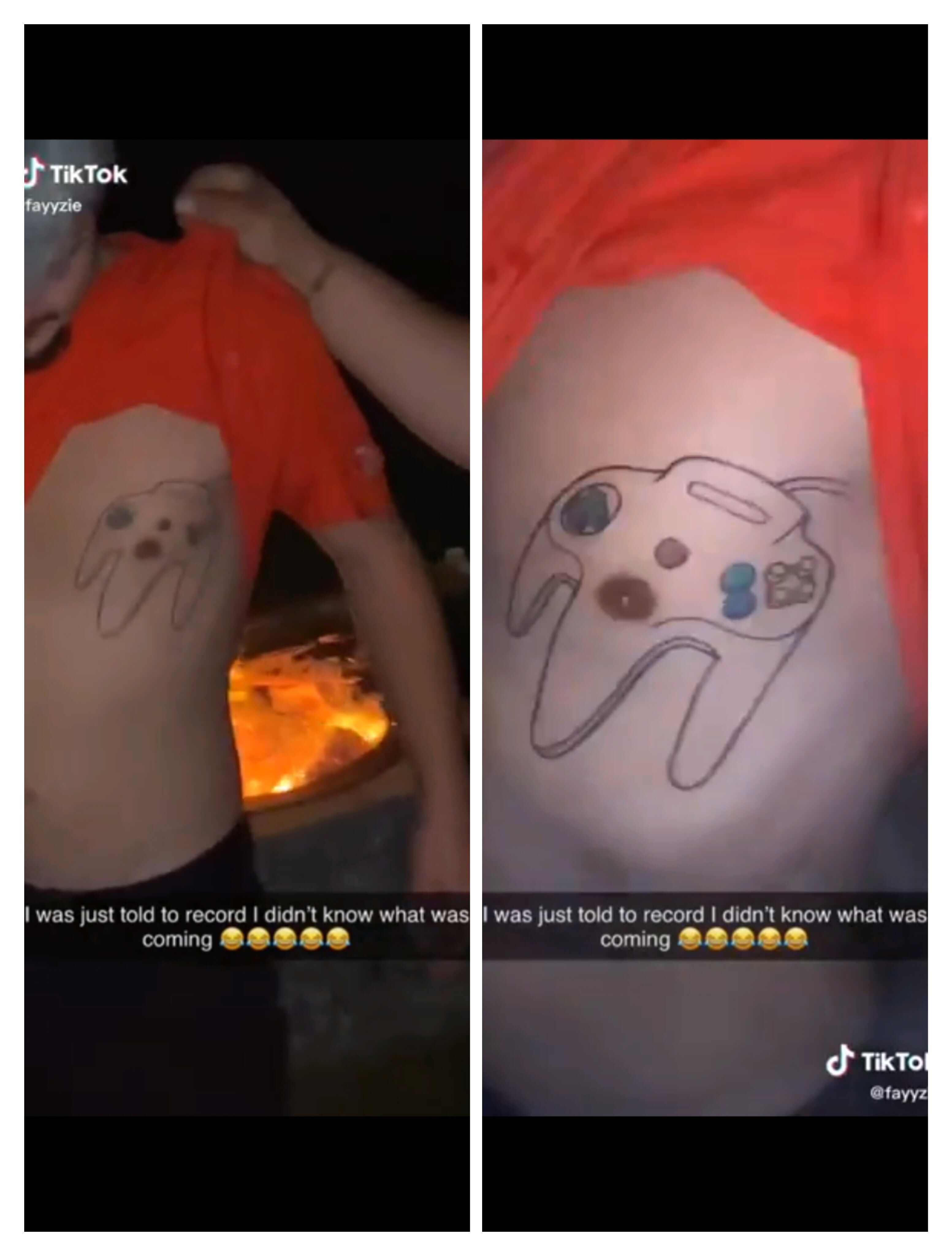 A tattoo on someone's chest of an N64 controller with the person's nipple serving as the joy stick
