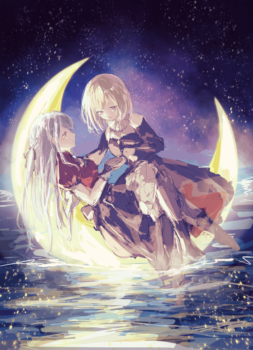 The image depicts two girls with long, light-colored hair on a glowing yellow crescent moon that is floating and partially submergeed on a body of water. The girl on the left wears a reddish-brown outfit, while the figure on the right wearing darker outfit. Both are wearing long skirt and short black gloves. Girl on left have blue hair while the other girl have yellow. The girl on right appears to be sitting on lap of the other girl who is lying with her back on moon. The girl on left has palm of one hand rested on the palm of other girl which raised to her chest level. The girl on the right appears to have her other hand placed on shoulder of the other girl. Their feet are submerged in water. The water below them is a swirling pattern of light blue and white, with sparkles and reflections. The background is a deep, dark blue gradient speckled with numerous small stars, giving the impression of a night sky.