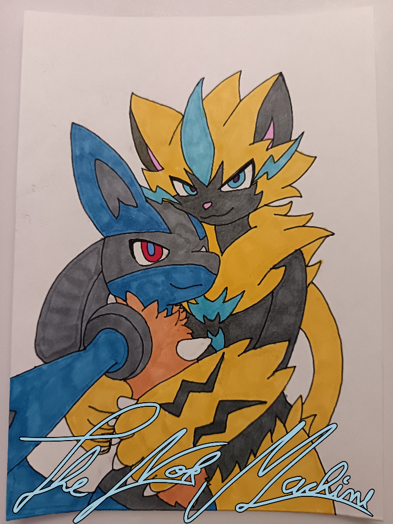 Zeraora side hugging Lucario while he is taking a selfie