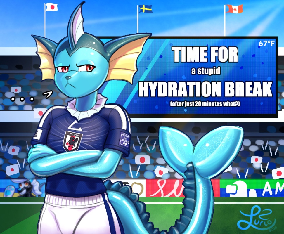 Vaporeaon wearing a foot club outfit while crossing annoyed their arms in the middle of the foot stadium with the screen showing the hydration break. 