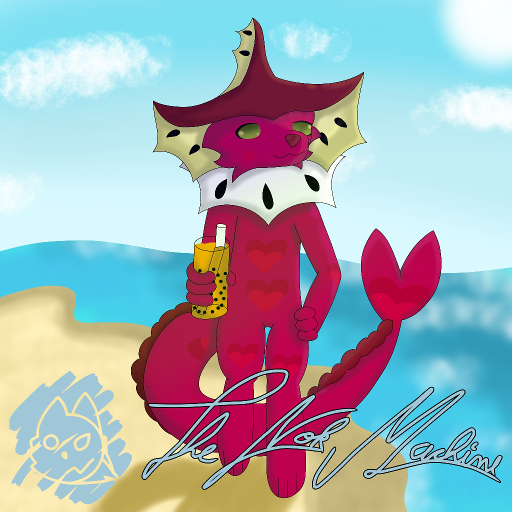 A Vaporeon dragon fruit anthro walking on the beach while holding a bubble tea in the hand. 