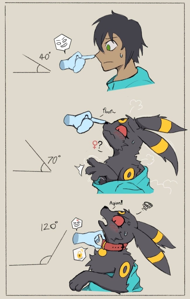 A three panel meme of overthinking angle when drawing. The first panel the man is getting booped by a michevious hand with the angle set to 40&deg;. On the second panel the angle is set to 70&deg; and the man turned into a female umbreon. And on the last panel, the angle is set to 120&deg; and the umbreon is getting a collar put on. 
